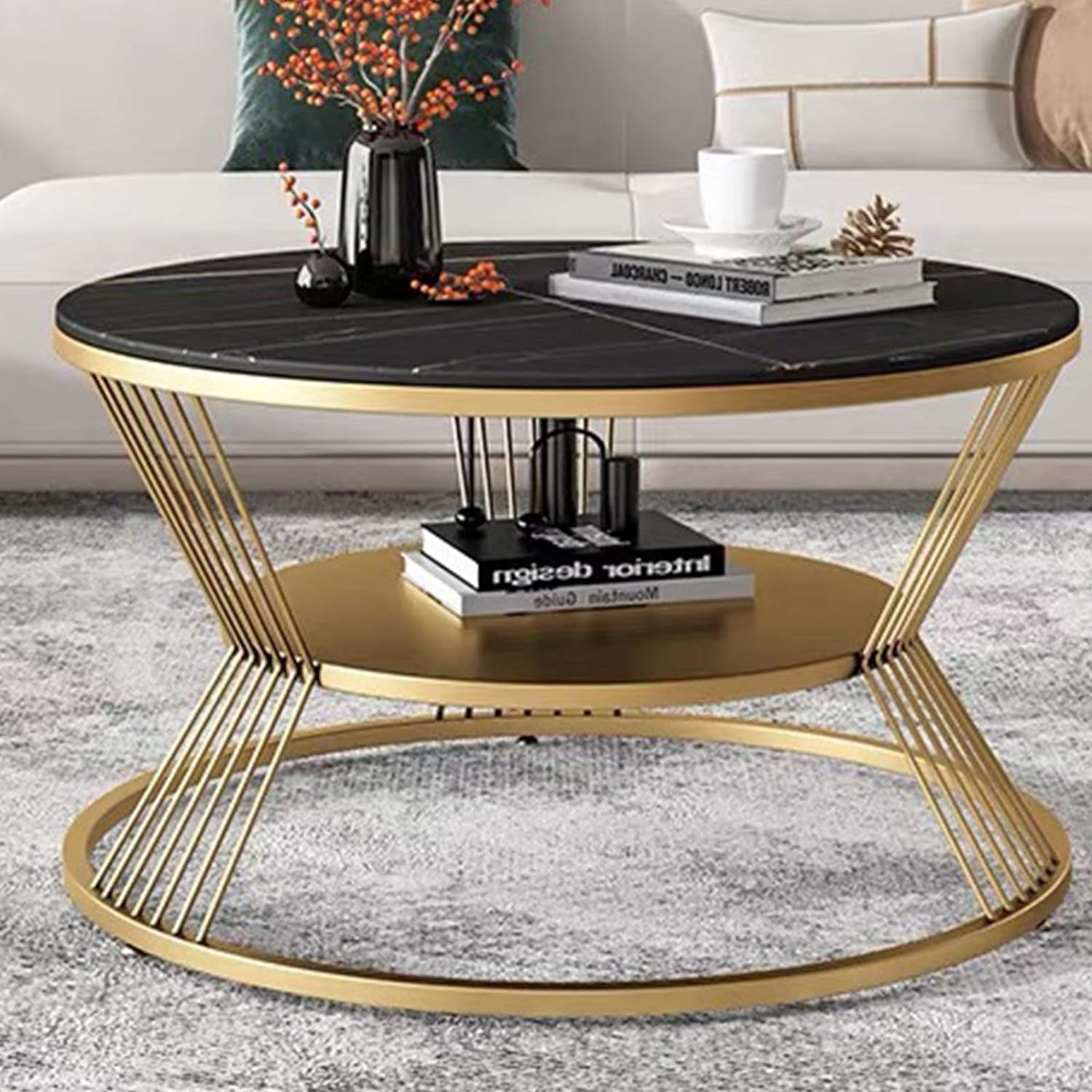 2-Tier Round Coffee Table with Open Storage Shelf – Wood Top & Metal Frame for Living Room, Compact Center Table for Small Spaces, Black & White