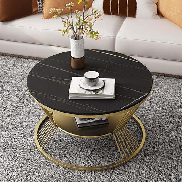2-Tier Round Coffee Table with Open Storage Shelf – Wood Top & Metal Frame for Living Room, Compact Center Table for Small Spaces, Black & White