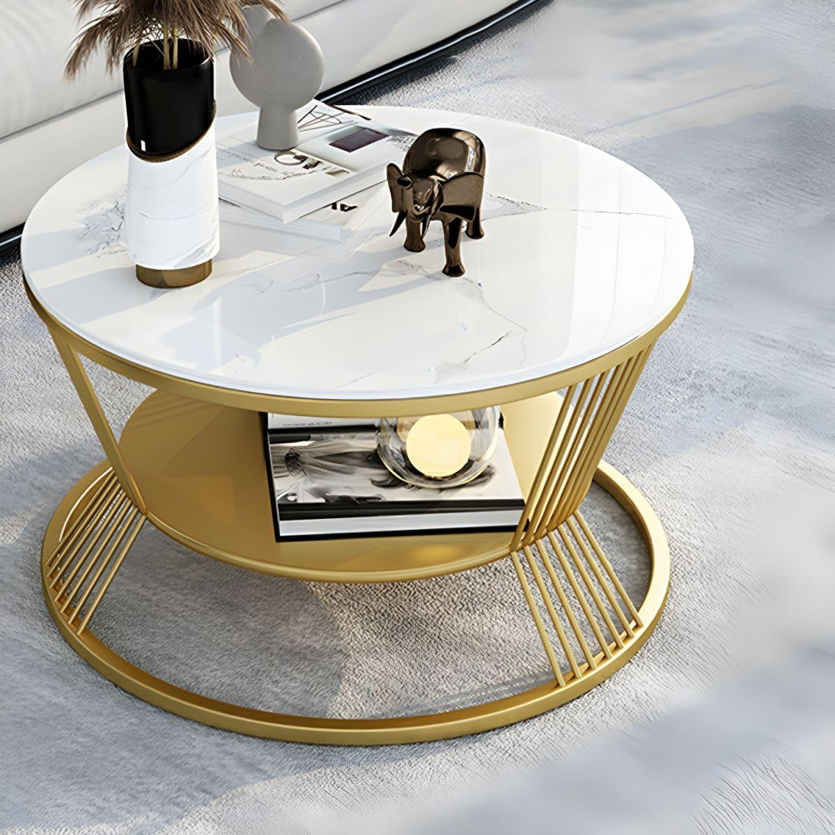 2-Tier Round Coffee Table with Open Storage Shelf – Wood Top & Metal Frame for Living Room, Compact Center Table for Small Spaces, Black & White