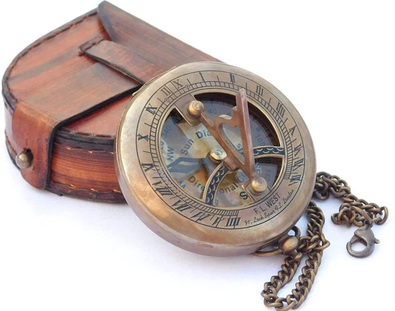 Beautiful Sundial Compass With Leather Bag