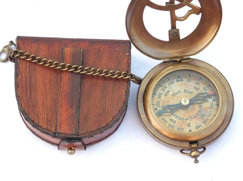 Beautiful Sundial Compass With Leather Bag