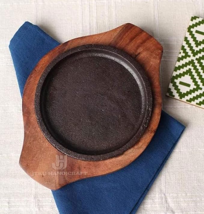 Kraftsone  Small Dessert Serving Plate Brownie Sizzler Tray with Wooden Base, 5x5 inch (Pack of 1)