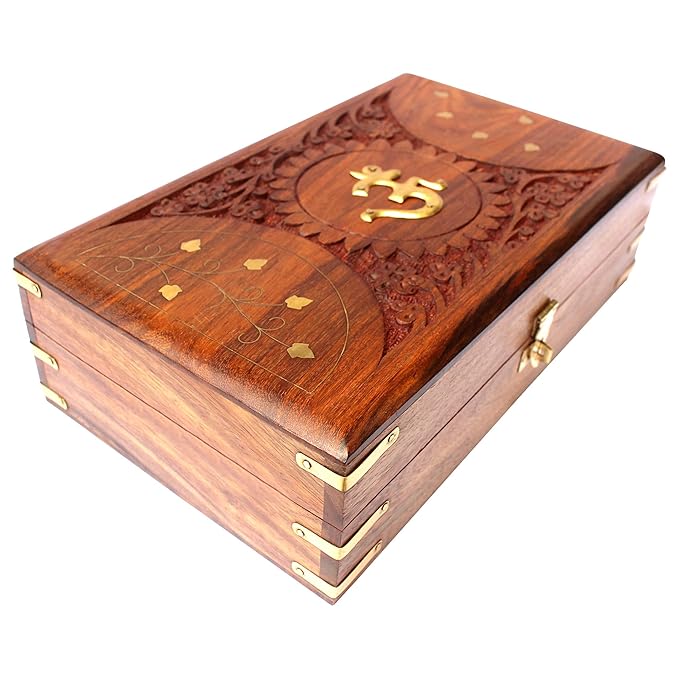 Jewellery Box for Women Wooden Brass Work Flower Carved Om Design Handmade Gifts, 10 Inches