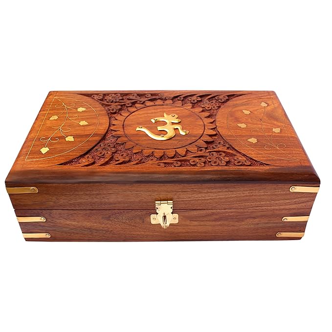 Jewellery Box for Women Wooden Brass Work Flower Carved Om Design Handmade Gifts, 10 Inches