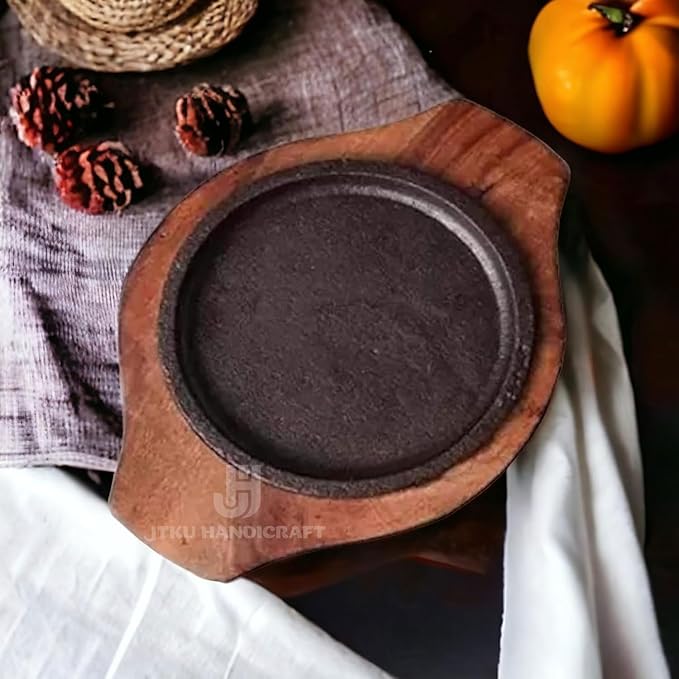 Kraftsone  Small Dessert Serving Plate Brownie Sizzler Tray with Wooden Base, 5x5 inch (Pack of 1)