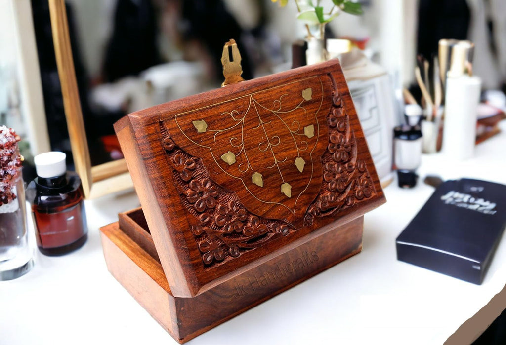 Handmade Wooden Jewellery Box for Women Wood Jewel Organizer Hand Carved with Intricate Carvings Gift Items - 6 inches