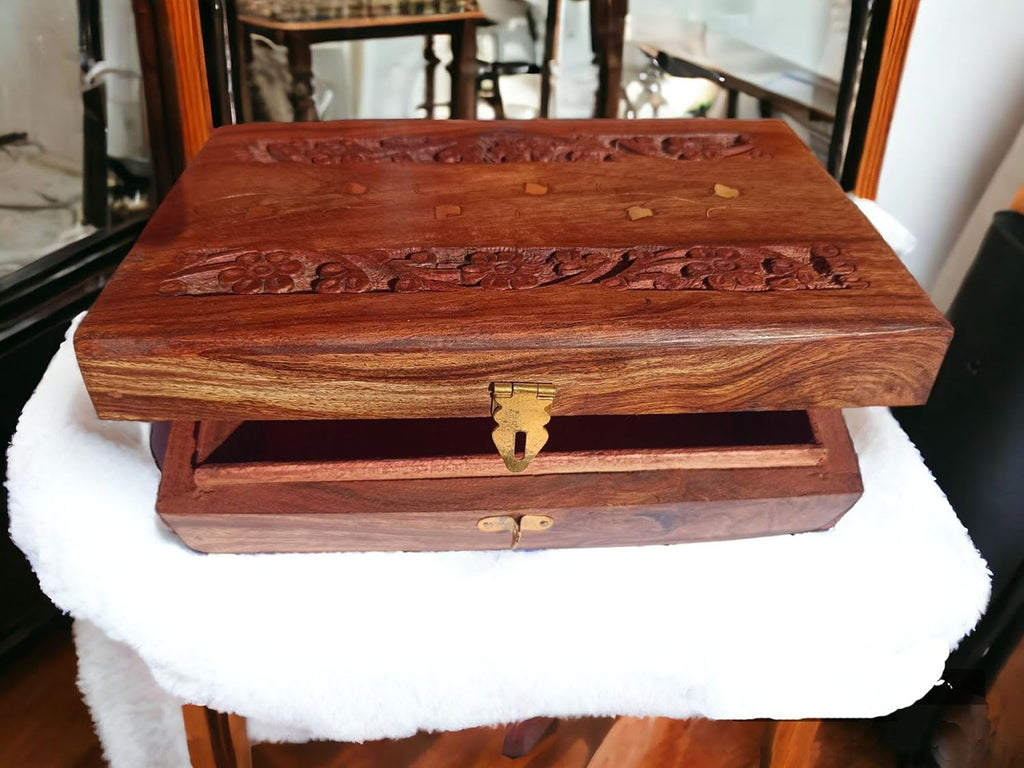 Handmade Wooden Jewellery Box for Women Wood Jewel Organizer Hand Carved with Intricate Carvings Gift Items - 6 inches