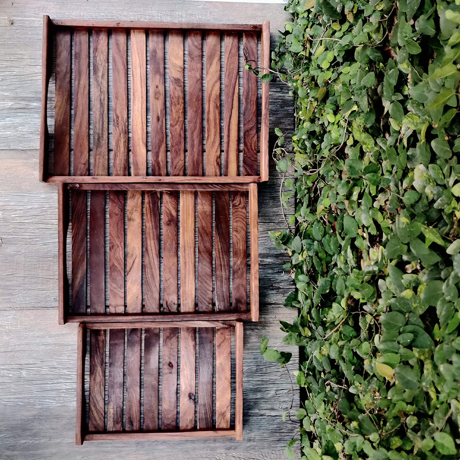 Sheesham Wood Strip Tray Set of 3