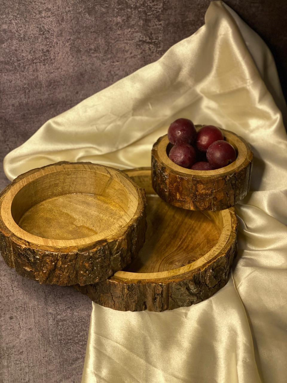 Hand Crafted Wooden Bark Tray Set of 3