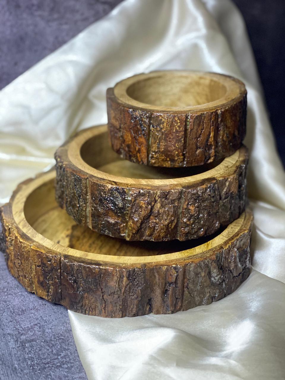 Hand Crafted Wooden Bark Tray Set of 3