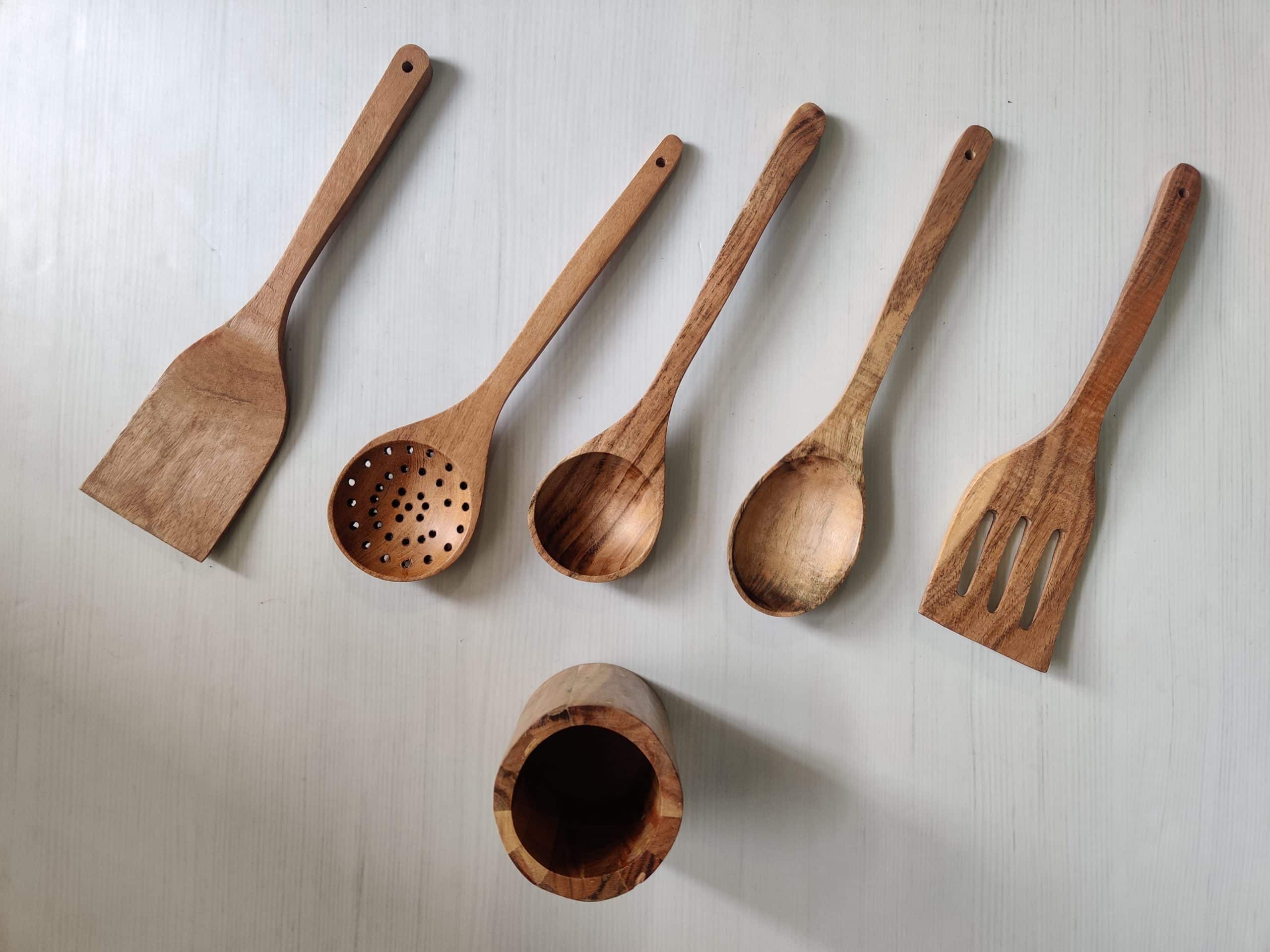 Kraftsone  premium quality wooden spoon set of 5 with holder || Kitchen ware ||  Wooden handicrafts