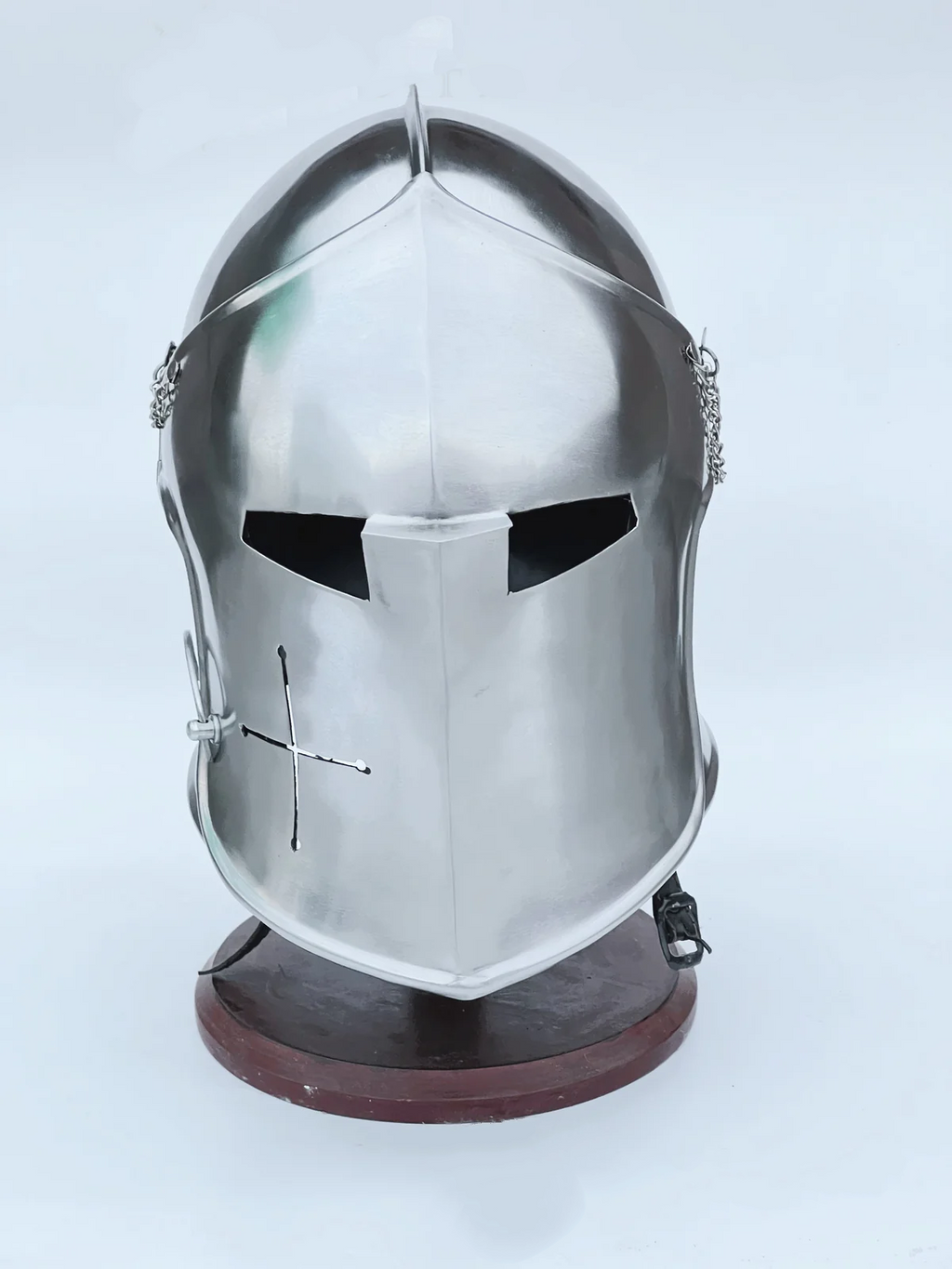 Barbuta Helmet Knights Templar Crusader Helmet (Steel) - Free Wooden Stand