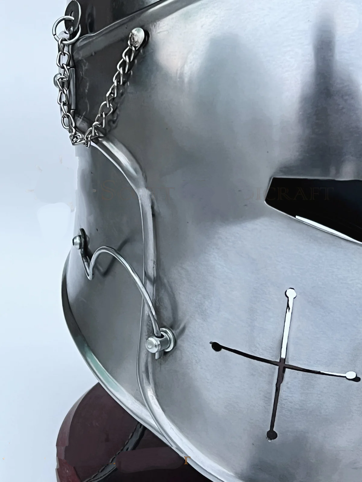 Barbuta Helmet Knights Templar Crusader Helmet (Steel) - Free Wooden Stand