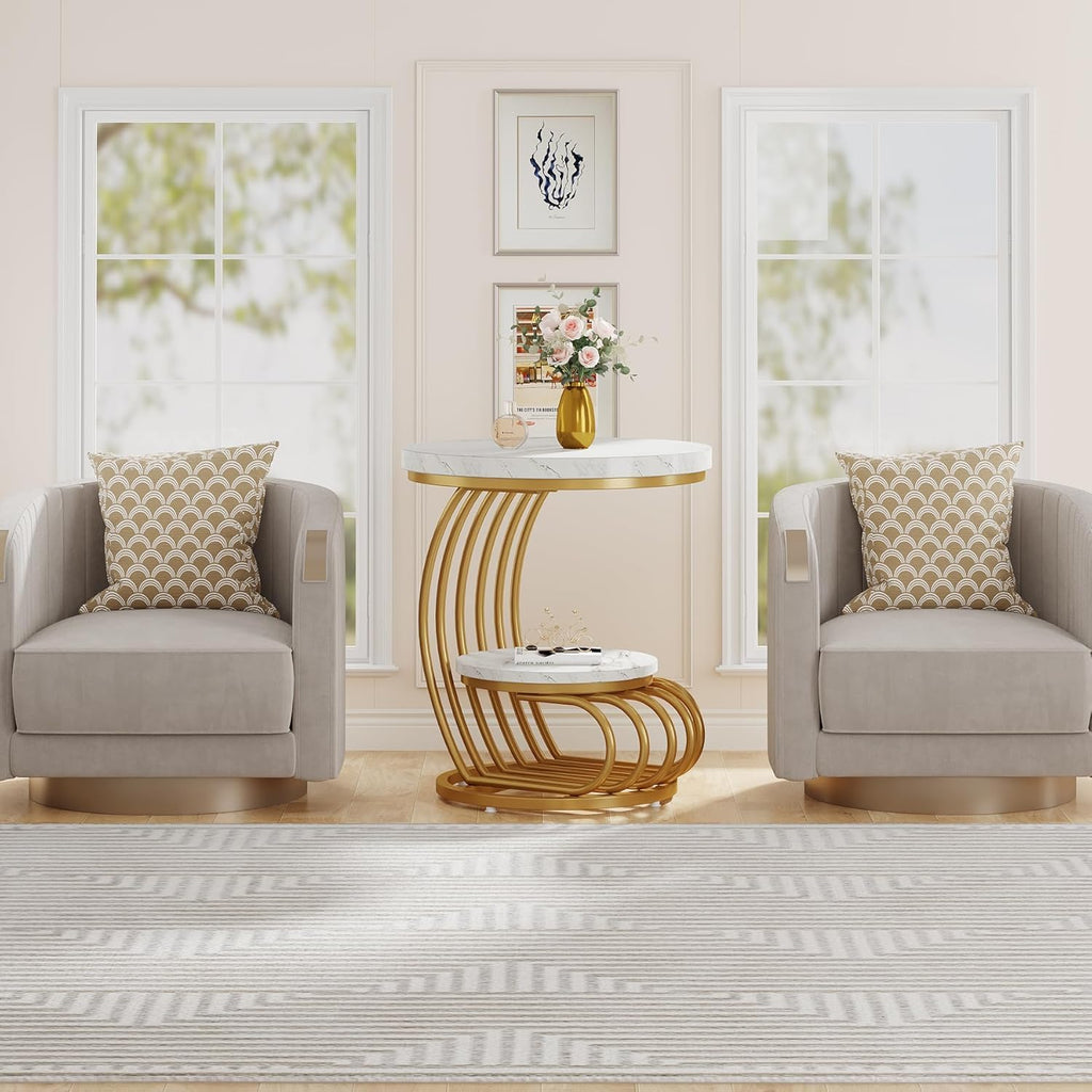 2-Tier White & Gold Coffee Table with Marble-Look Surface, Metal Frame Side Table for Living Room, Bedroom, or Office
