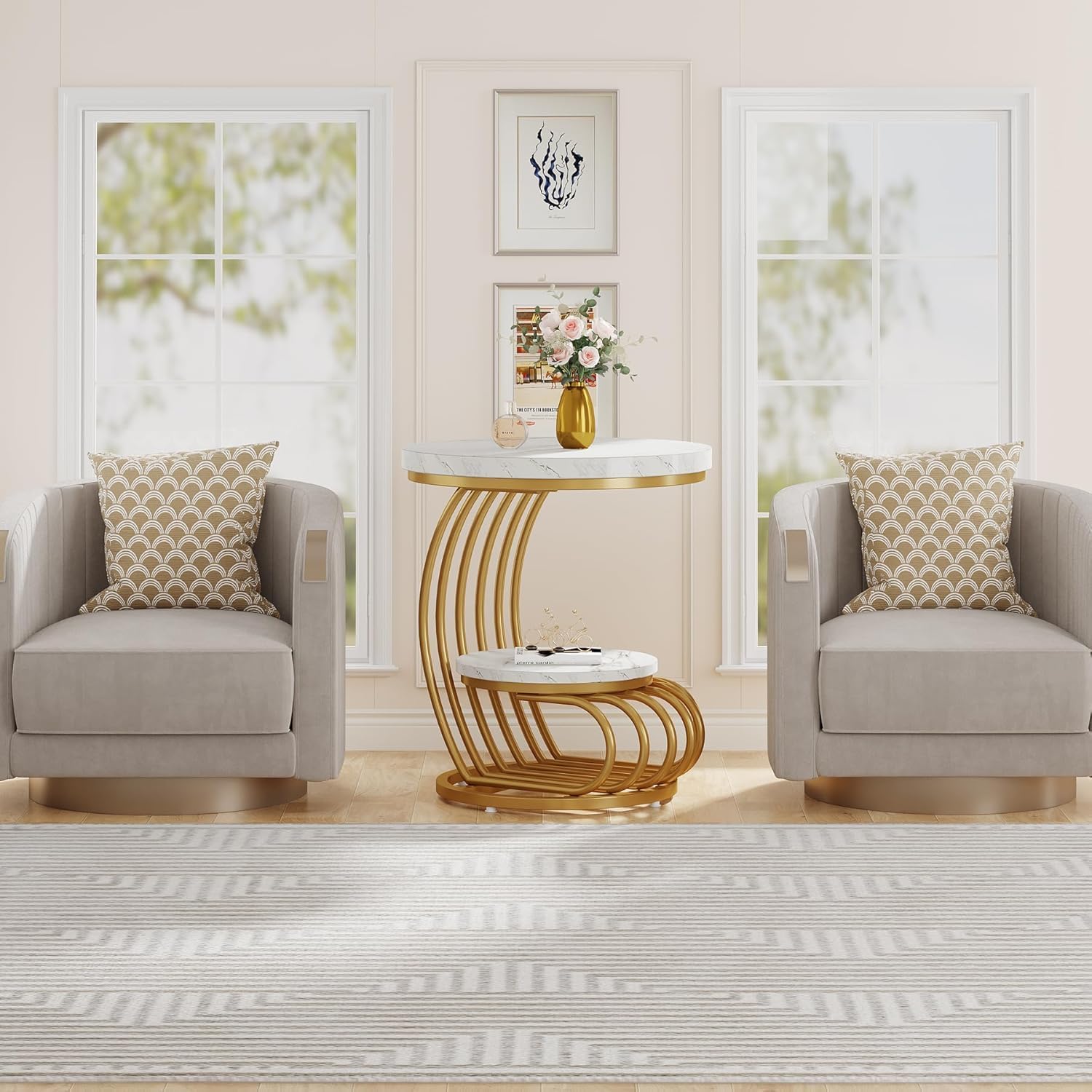 2-Tier White & Gold Coffee Table with Marble-Look Surface, Metal Frame Side Table for Living Room, Bedroom, or Office