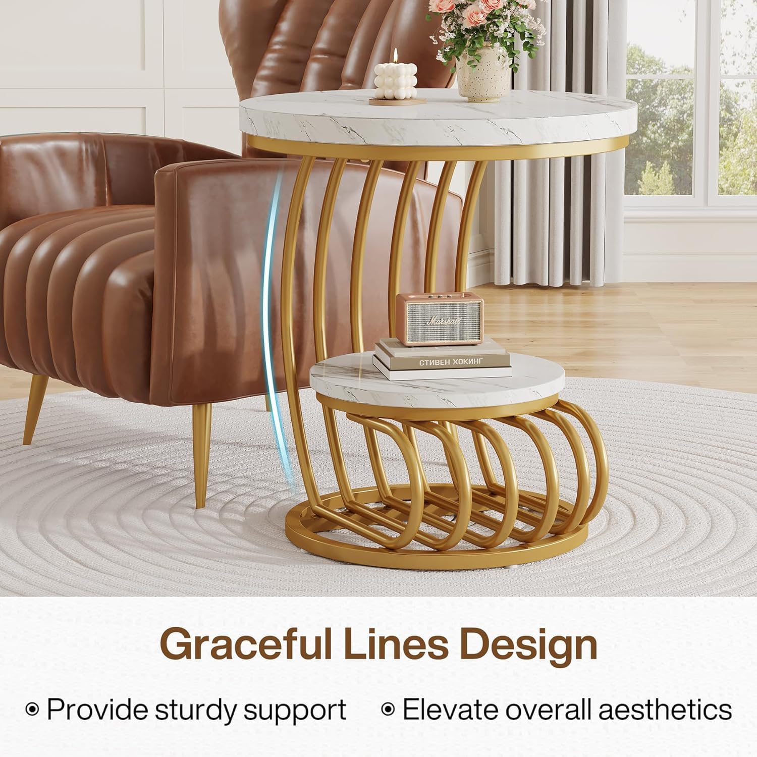 2-Tier White & Gold Coffee Table with Marble-Look Surface, Metal Frame Side Table for Living Room, Bedroom, or Office