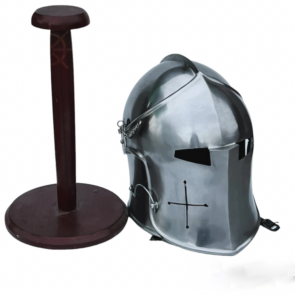 Barbuta Helmet Knights Templar Crusader Helmet (Steel) - Free Wooden Stand