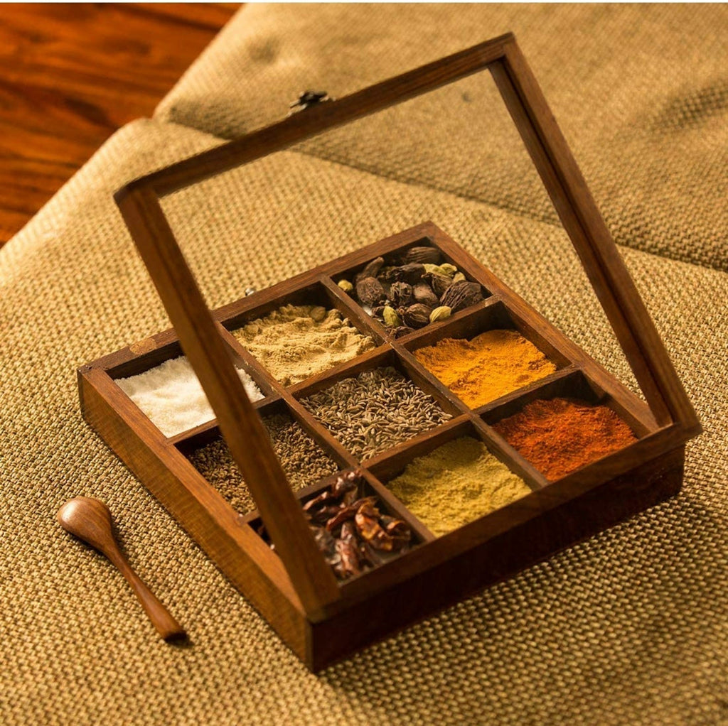 Sheesham wooden spice box with 9 compartments