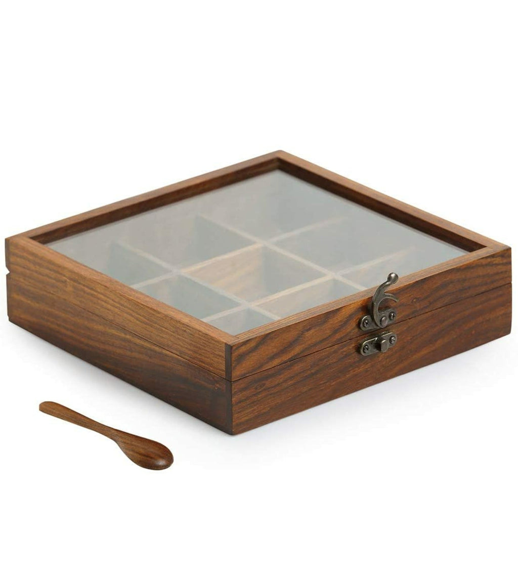 Sheesham wooden spice box with 9 compartments with Spoon 
