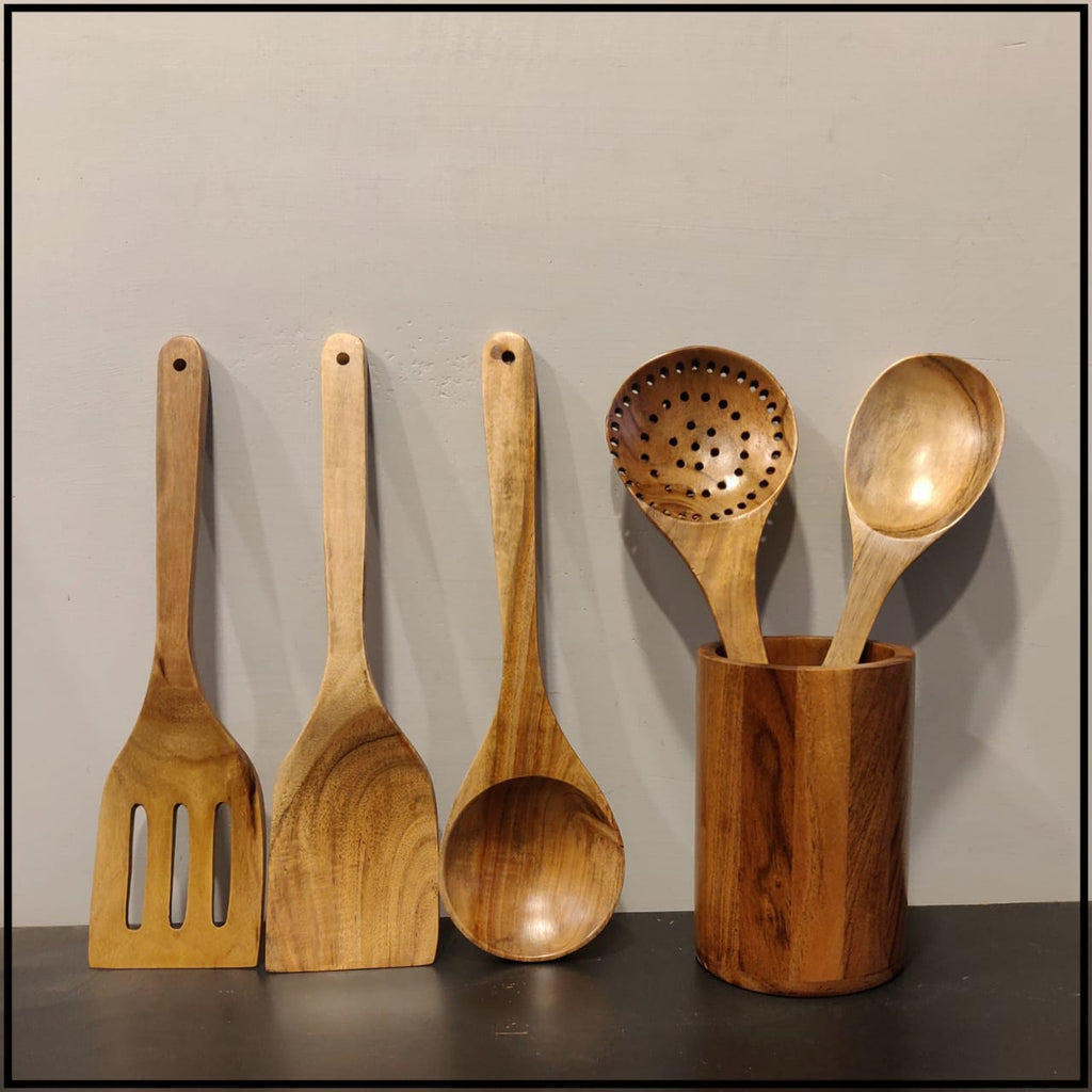 Kraftsone  premium quality wooden spoon set of 5 with holder || Kitchen ware ||  Wooden handicrafts