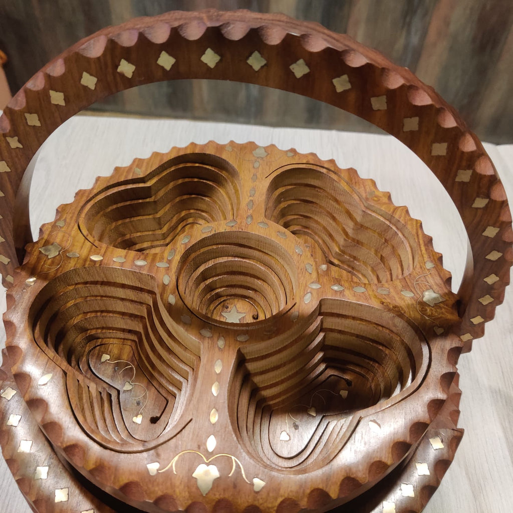 Handcrafted Wooden Beautiful Dry Fruit Foldable Basket With Brass Work