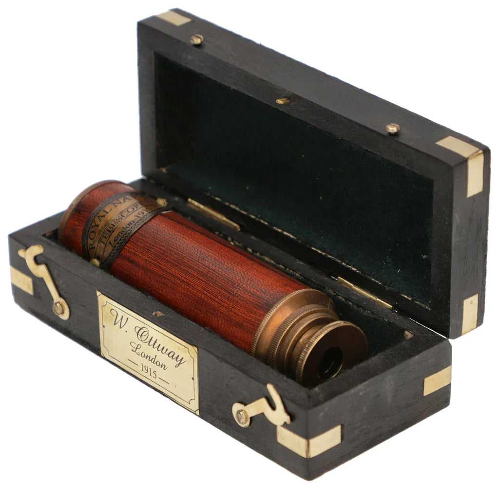 Antique Royal Navy London 1915 Model Brass Telescope With Wooden Box Vintage Maritime Collapsing Spyglass