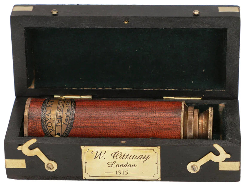 Antique Royal Navy London 1915 Model Brass Telescope With Wooden Box Vintage Maritime Collapsing Spyglass