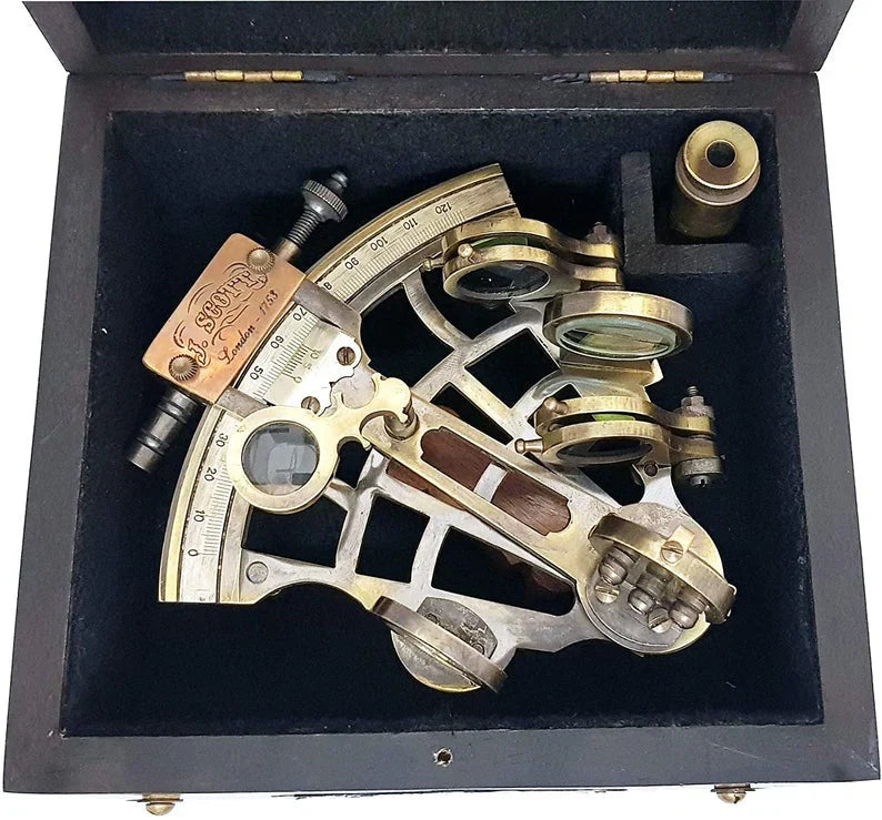 J. Scott London - Brass Ship History Sextant With Wooden Box.