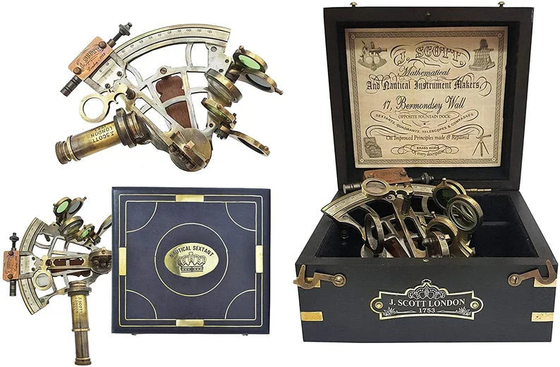 J. Scott London - Brass Ship History Sextant With Wooden Box.