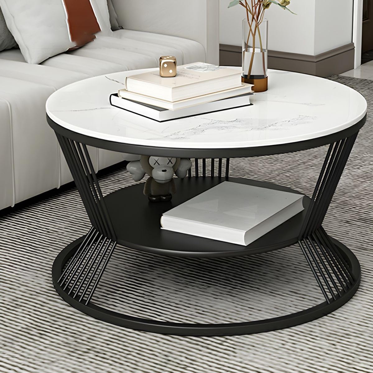 2-Tier Round Coffee Table with Open Storage Shelf – Wood Top & Metal Frame for Living Room, Compact Center Table for Small Spaces, Black & White