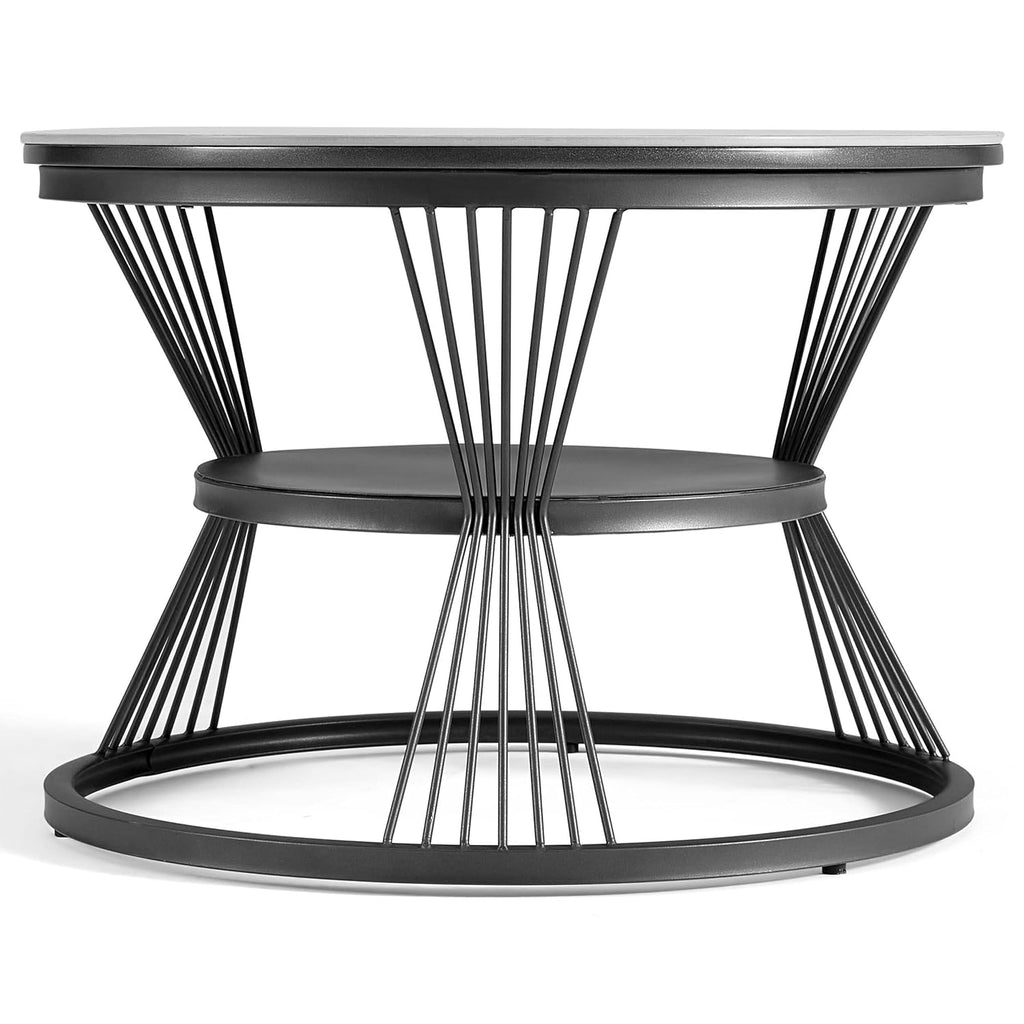 2-Tier Round Coffee Table with Open Storage Shelf – Wood Top & Metal Frame for Living Room, Compact Center Table for Small Spaces, Black & White