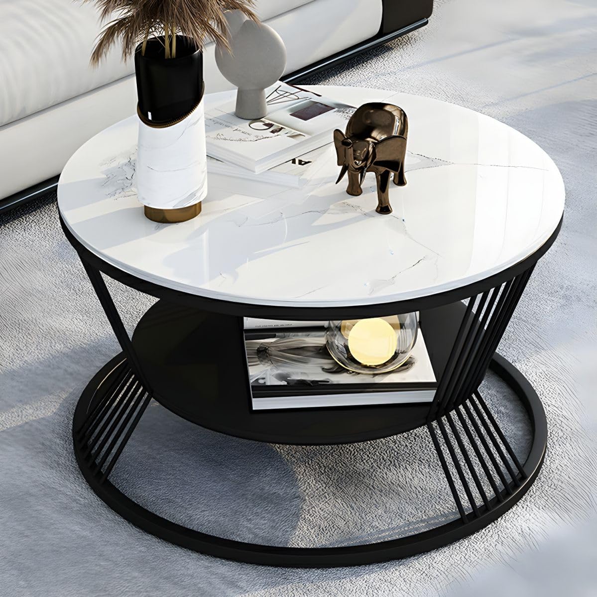 2-Tier Round Coffee Table with Open Storage Shelf – Wood Top & Metal Frame for Living Room, Compact Center Table for Small Spaces, Black & White