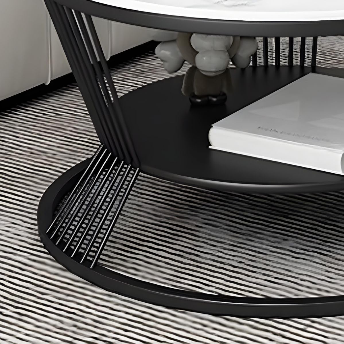 2-Tier Round Coffee Table with Open Storage Shelf – Wood Top & Metal Frame for Living Room, Compact Center Table for Small Spaces, Black & White