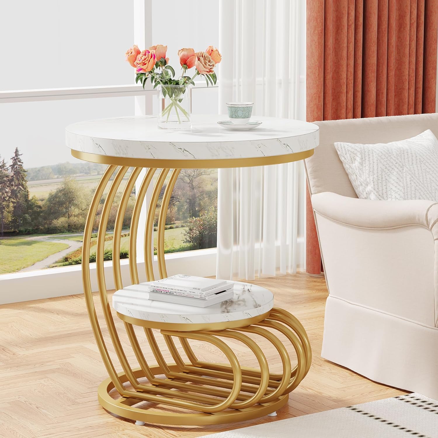 2-Tier White & Gold Coffee Table with Marble-Look Surface, Metal Frame Side Table for Living Room, Bedroom, or Office
