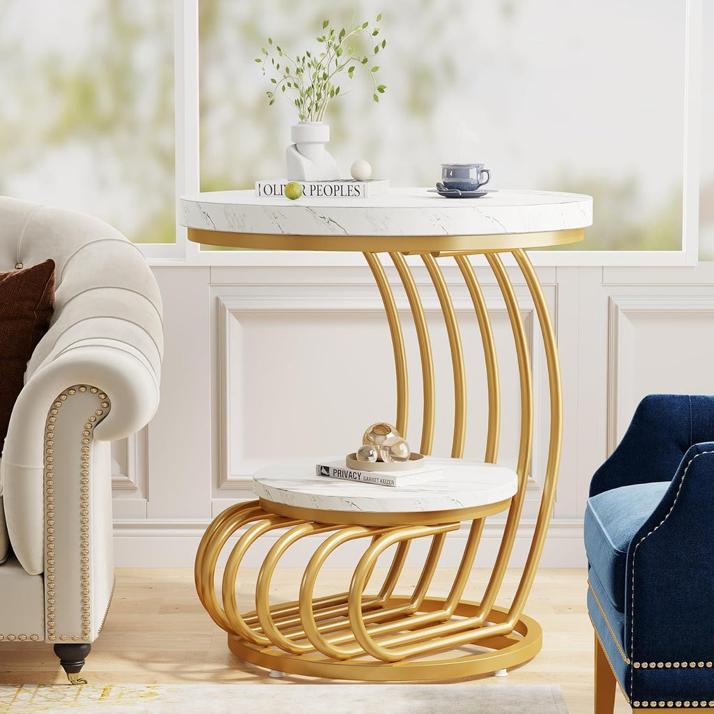 2-Tier White & Gold Coffee Table with Marble-Look Surface, Metal Frame Side Table for Living Room, Bedroom, or Office